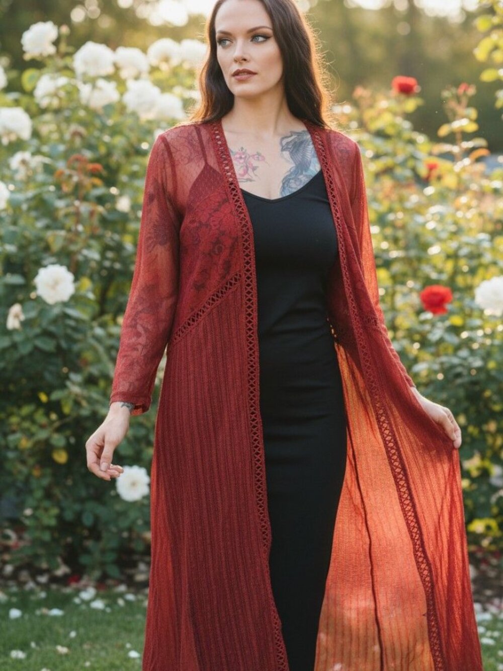 Time And Tru ✦ Red Lace Crochet Duster Cardigan ✦ Sheer Mesh Long Sleeve S‑M